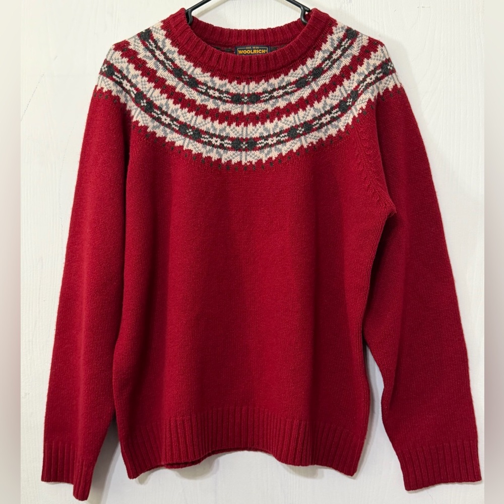 Vintage Woolrich Fair Isle Ruby Red Knit Sweater 100% Lambs Wool